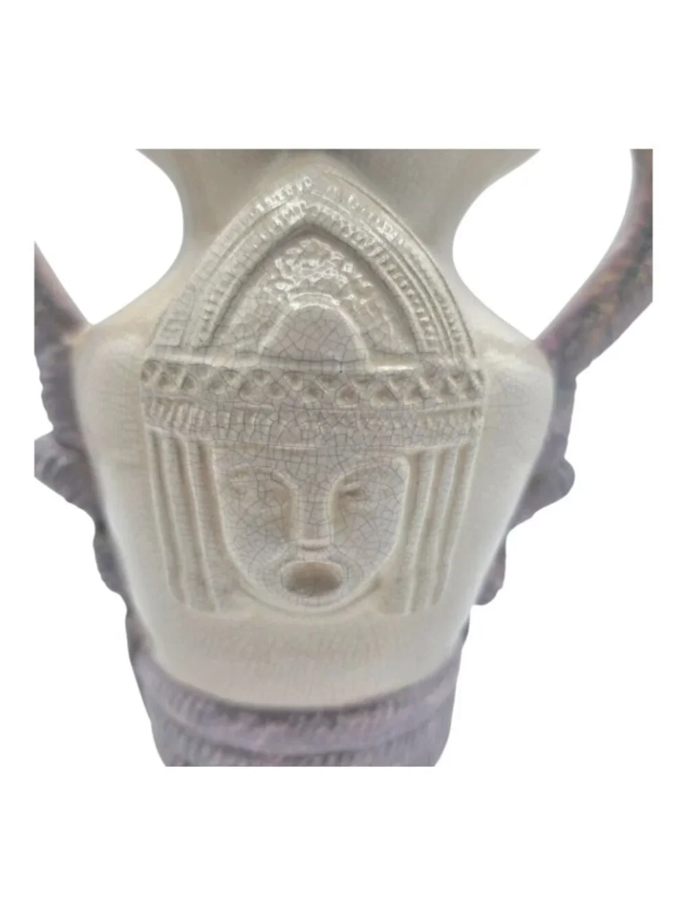 Vintage Italian Maiolica Ceramic Snake Handle Vase Egyptian Goddess Crackle